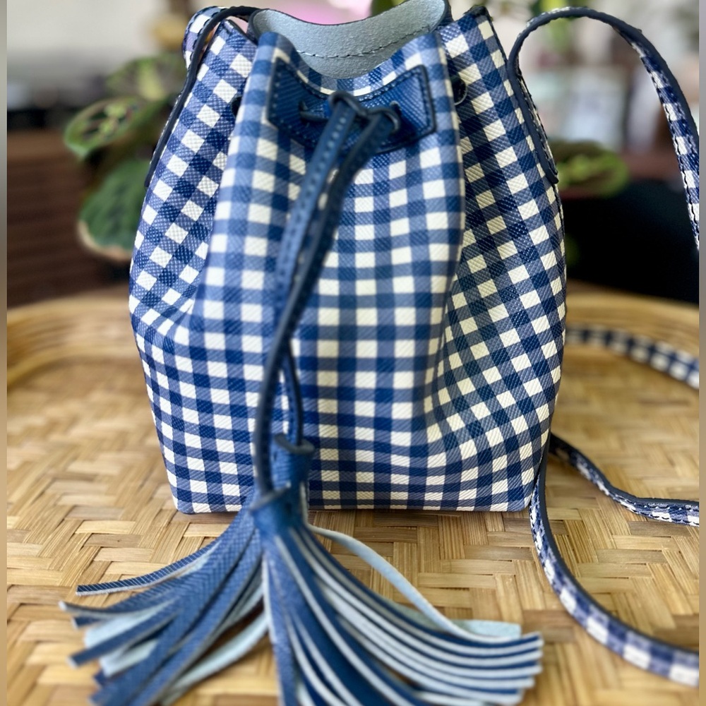 J.Crew Blue Gingham Bucket Bag with Tassel- NWT